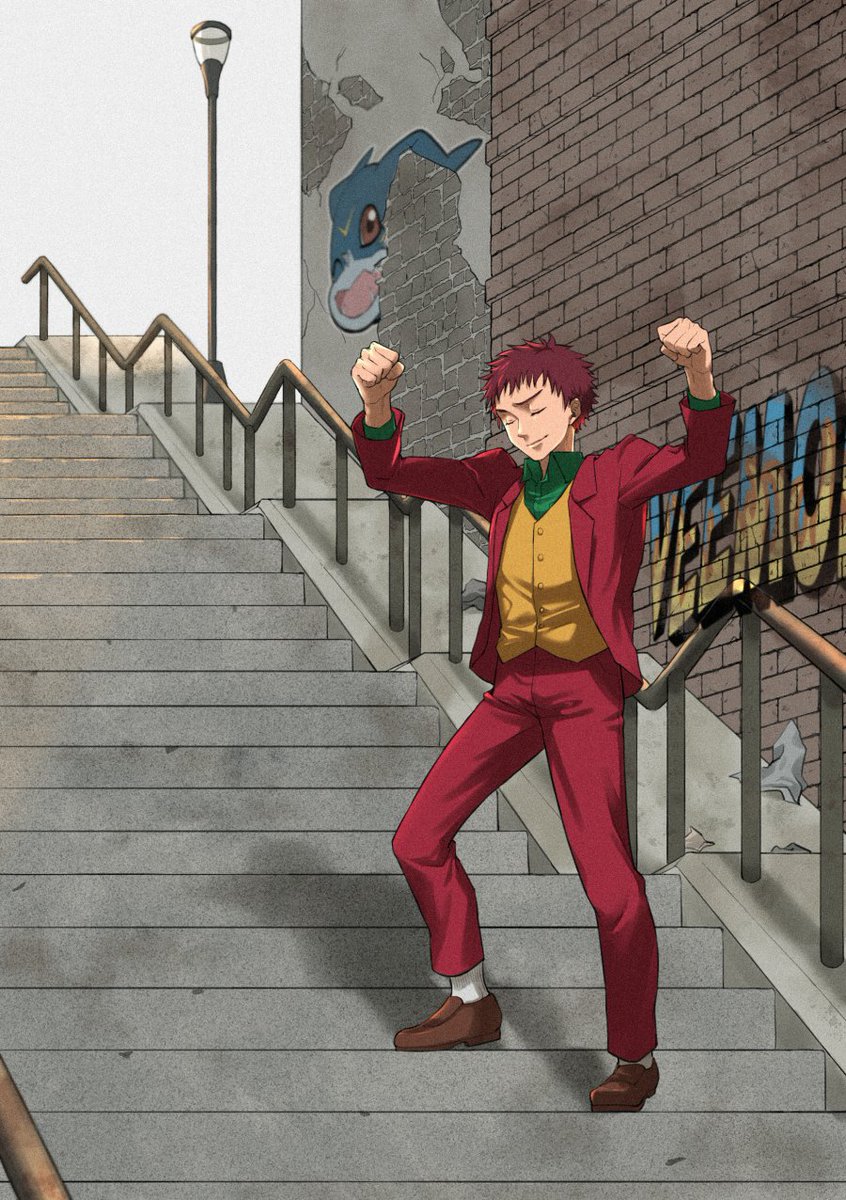 cosplay dancing dc_comics digimon halloween halloween_costume highres izumi_koshiro joker_(dc)_(cosplay) stairs the_joker v-mon