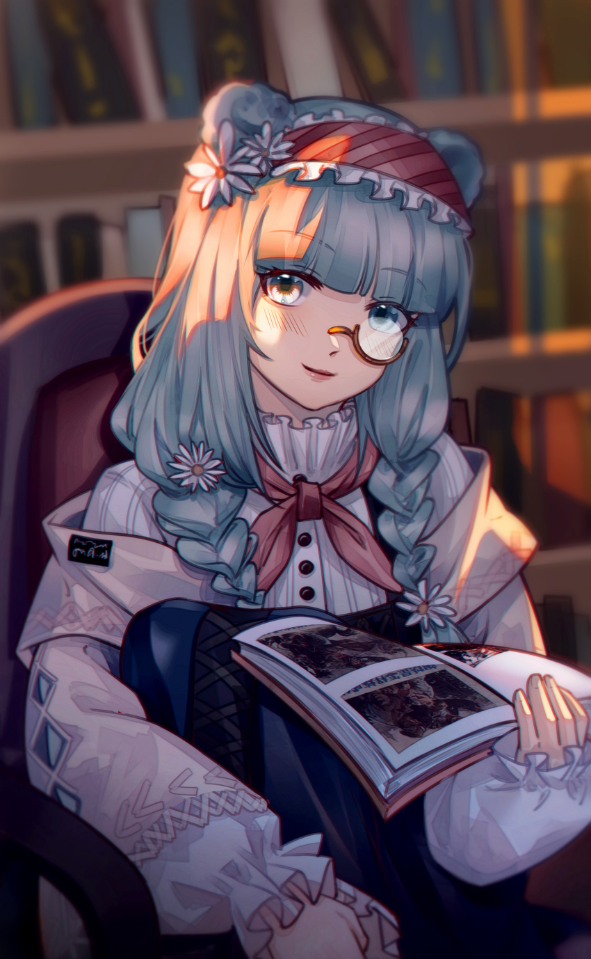 1girl animal_ears arknights bear_ears bear_girl blue_eyes blue_hair blue_skirt book bookshelf braid chair female_focus flower frilled_hairband frills hair_flower hair_ornament hairband haiwu_shenlou highres holding holding_book istina_(arknights) istina_(bibliosmia)_(arknights) jacket knees_up lips long_hair long_sleeves looking_at_viewer monocle neckerchief official_alternate_costume open_book open_clothes open_jacket red_hairband red_neckerchief semi-rimless_eyewear shirt sitting skirt smile solo sunlight twin_braids under-rim_eyewear white_flower white_jacket white_shirt