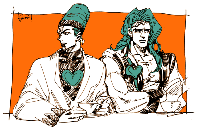 2boys bad_id bad_tumblr_id crossed_arms cup green_hair heart holding holding_cup jojo_no_kimyou_na_bouken kotteri long_hair long_sleeves multiple_boys orange_background partially_colored shirt simple_background sitting terence_t._d&#039;arby upper_body vanilla_ice