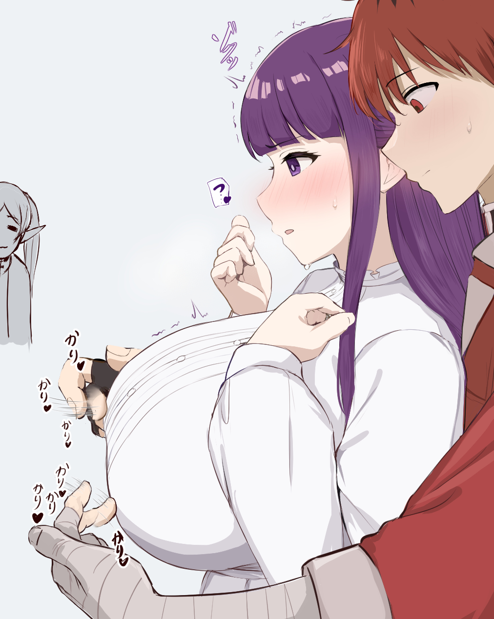 1boy 2girls =_= alternate_breast_size_(larger) bandaged_arm bandages blush breasts commentary_request dress fern_(sousou_no_frieren) fingerless_gloves frieren gloves hetero highres huge_breasts jacket multiple_girls nayutayutautau nipple_stimulation nipple_stimulation_through_clothes purple_eyes purple_hair red_eyes red_hair red_jacket single_fingerless_glove sousou_no_frieren stark_(sousou_no_frieren) sweatdrop trembling white_dress