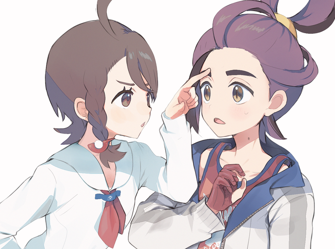 1boy 1girl :o ahoge black_hair braid brown_eyes brown_hair collared_shirt commentary_request eyelashes gloves hand_up jacket juliana_(pokemon) kieran_(pokemon) long_sleeves mole mole_on_neck multicolored_hair mxkjxm_(nhss2337) nintendo open_mouth partially_fingerless_gloves pokemon pokemon_sv poking purple_hair red_gloves red_shirt shirt simple_background two-tone_hair white_background white_jacket white_shirt