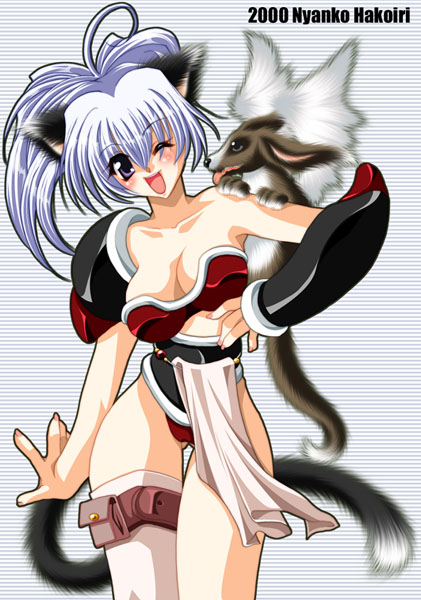 1girl 2000 ;d ahoge animal_ears artist_name bad_id breasts cat_ears cat_girl cat_tail cleavage collarbone creature creature_on_shoulder gluteal_fold hair_between_eyes hakoiri_nyanko legs_together loincloth long_hair medium_breasts on_shoulder one_eye_closed open_mouth original panties ponytail pouch purple_eyes red_panties single_bare_shoulder single_bracer single_shoulder_pad single_thighhigh smile standing striped_background tail thigh_gap thigh_pouch thighhighs underwear white_hair white_thighhighs