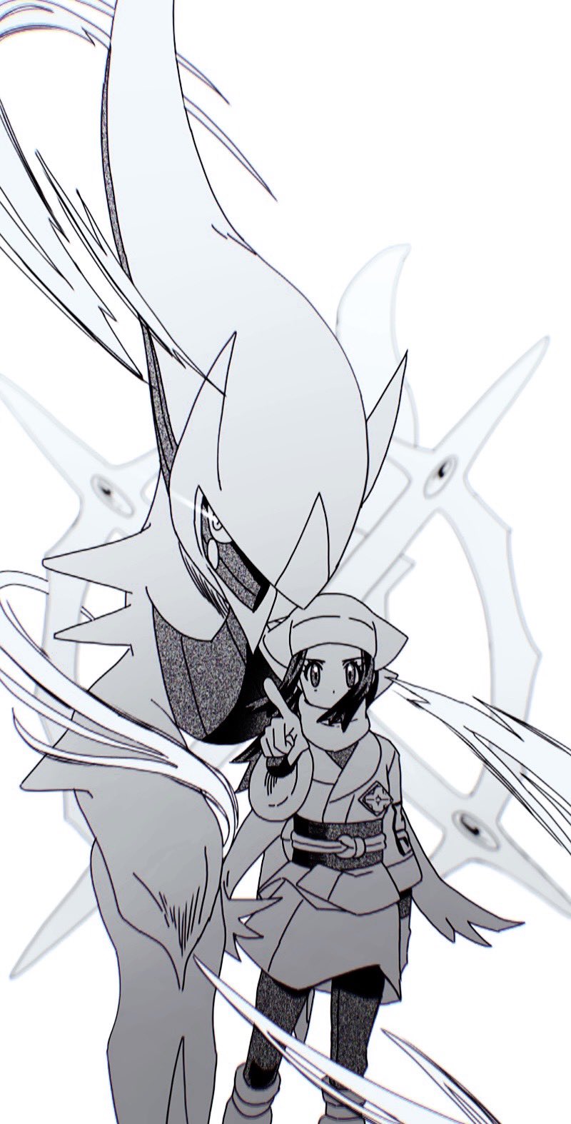 1girl akari_(pokemon) arceus arm_at_side creatures_(company) galaxy_expedition_team_survey_corps_uniform game_freak gen_4_pokemon headscarf highres index_finger_raised jacket layered_legwear legendary_pokemon miniskirt monochrome mythical_pokemon nintendo outstretched_arm p0ke_a0210 pantyhose pokemon pokemon_(creature) pokemon_legends:_arceus sash scarf simple_background skirt socks white_background