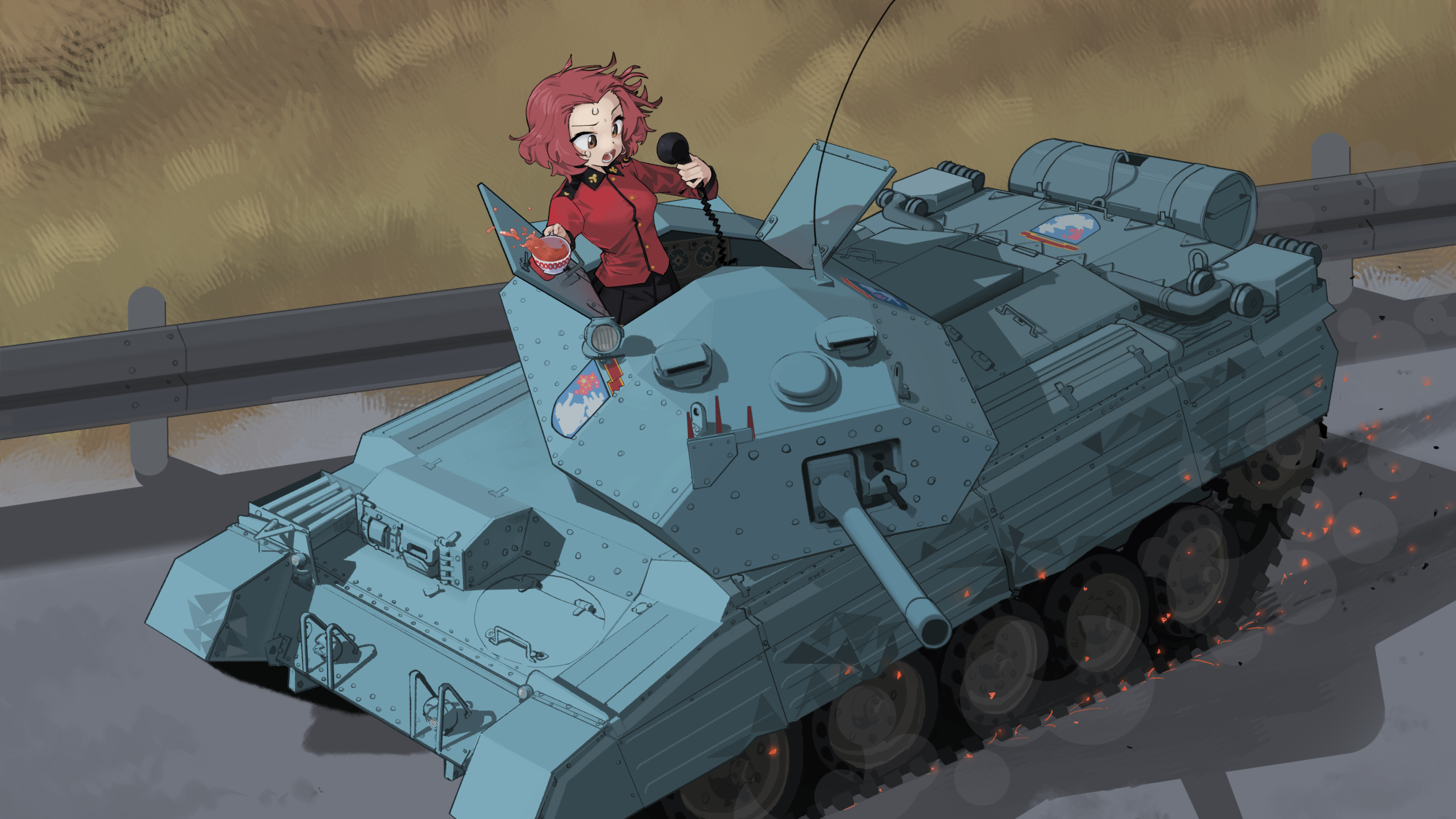 1girl black_skirt brown_eyes crusader_(tank) cup day emblem girls_und_panzer guard_rail highres holding holding_cup holding_radio jacket long_sleeves medium_hair military_uniform military_vehicle motor_vehicle outdoors red_hair red_jacket rosehip_(girls_und_panzer) skirt solo spilling st._gloriana's_(emblem) st._gloriana's_military_uniform sweatdrop tank tea teacup uingssi