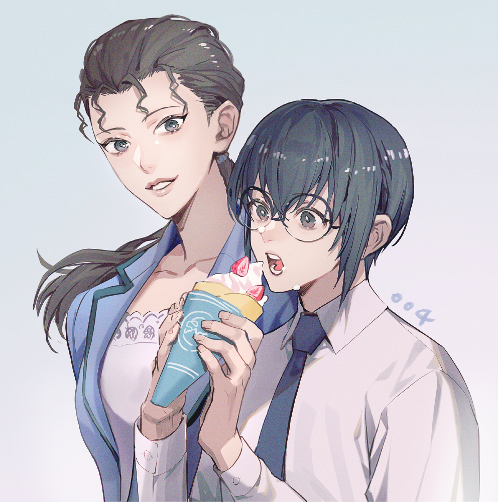 1boy 1girl black_hair blue_jacket commentary_request crepe food food_on_face fruit glasses hair_between_eyes hair_tie holding holding_crepe holding_food hondou_eisuke jacket meitantei_conan mizunashi_rena necktie numbered open_mouth ponytail shirt short_hair sidelocks smile strawberry upper_body white_shirt wing_collar yoshicha