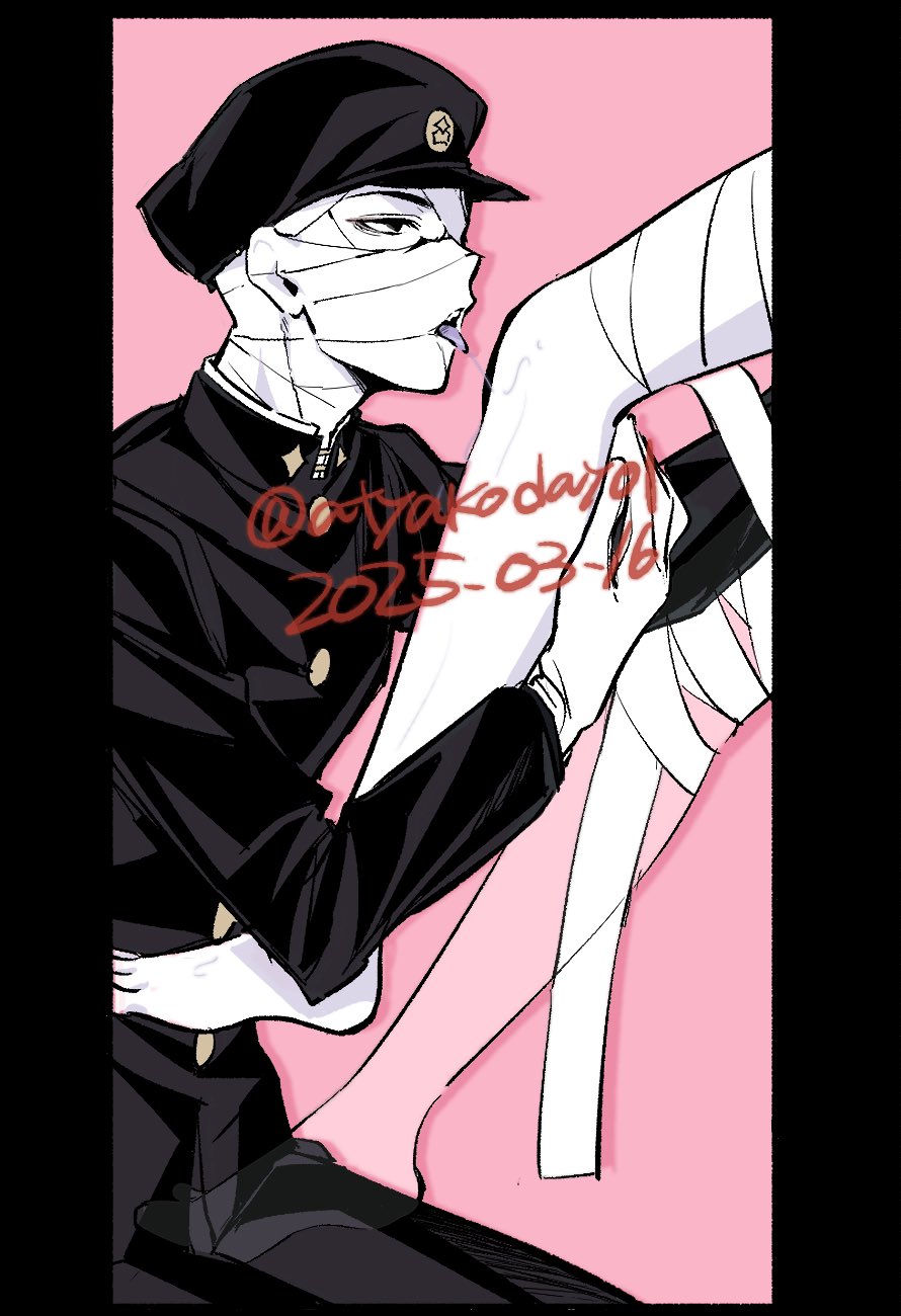 1boy 1girl atyakodayo1 bandaged_head bandaged_leg bandages black_hat buttons colored_tongue covered_face gakuran gakuseibou geminism greyscale_with_colored_background hat highres hirosoma_kikyou holding_another&#039;s_leg jacket licking licking_leg long_sleeves looking_at_another open_mouth pants peaked_cap pink_background purple_tongue saliva saliva_trail school_uniform see-through_body simple_background tongue tongue_out yamaga_awasumi