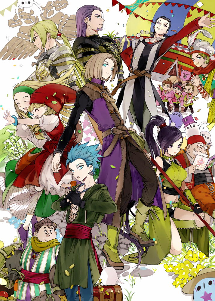 3girls 6+boys abs arm_up armor bag beard belt black_pants blonde_hair blue_eyes blue_hair blue_pants blunt_bangs book boots bow bracelet braid brown_footwear brown_hair bunting camus_(dq11) chibi cobblestone coin confetti cracking_knuckles deku_(dq11) dragon_quest dragon_quest_xi dress earrings facial_hair faris_(dq11) feathers fez_hat fingerless_gloves flower full_body gloves green_footwear green_headwear greig_(dq11) hair_slicked_back hairband halterneck hand_on_own_hip hat heart hero_(dq11) holding holding_instrument holding_weapon homeros_(dq11) hood instrument jewelry kneeling lace-up_boots lace-up_top layered_clothes long_hair long_sleeves looking_at_viewer looking_away martina_(dq11) monocle multiple_boys multiple_girls mustache necklace pants plant pleated_dress pom_pom_(clothes) ponytail profile puffy_short_sleeves puffy_sleeves reaching reaching_towards_viewer reading red_headwear row_(dq11) sash scarf senya_(dq11) short_sleeves sidelocks sleeveless smile spiked_hair staff striped sun_hat suou_(sdurorhr) swept_bangs sylvia_(dq11) top_hat veronica_(dq11) weapon tockle_(dq11)