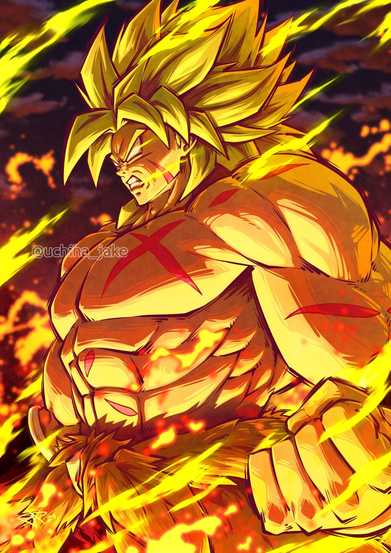 1boy abs broly_(dragon_ball_super) clenched_hand cowboy_shot dragon_ball dragon_ball_super dragon_ball_super_broly fire green_eyes green_hair legendary_super_saiyan male_focus medium_hair muscular muscular_male no_pupils scar scar_on_chest scar_on_face solo spiked_hair super_saiyan topless_male twitter_username uchiha_jake