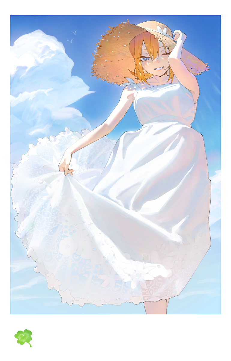 1girl arm_up bare_arms blue_eyes clenched_teeth day dress from_below go-toubun_no_hanayome hair_between_eyes hat highres long_dress looking_at_viewer looking_down mi8pq nakano_yotsuba one_eye_closed orange_hair short_hair skirt_hold sky sleeveless sleeveless_dress smile solo standing straw_hat sundress teeth white_dress