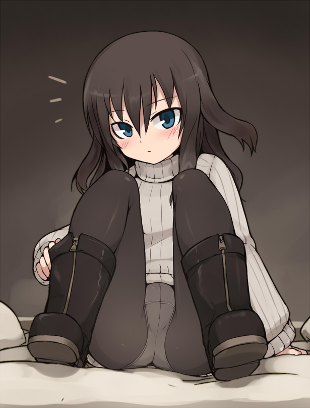 1girl aged_down black_hair black_pantyhose blue_eyes blush boots crotch_seam elizabeth_f._beurling fat_mons female_focus long_hair looking_at_viewer no_pants null_(nyanpyoun) panties panties_under_pantyhose pantyhose pantyshot pussy ribbed_sweater sitting solo strike_witches strike_witches:_suomus_misfits_squadron sweater sweats underwear white_panties world_witches_series