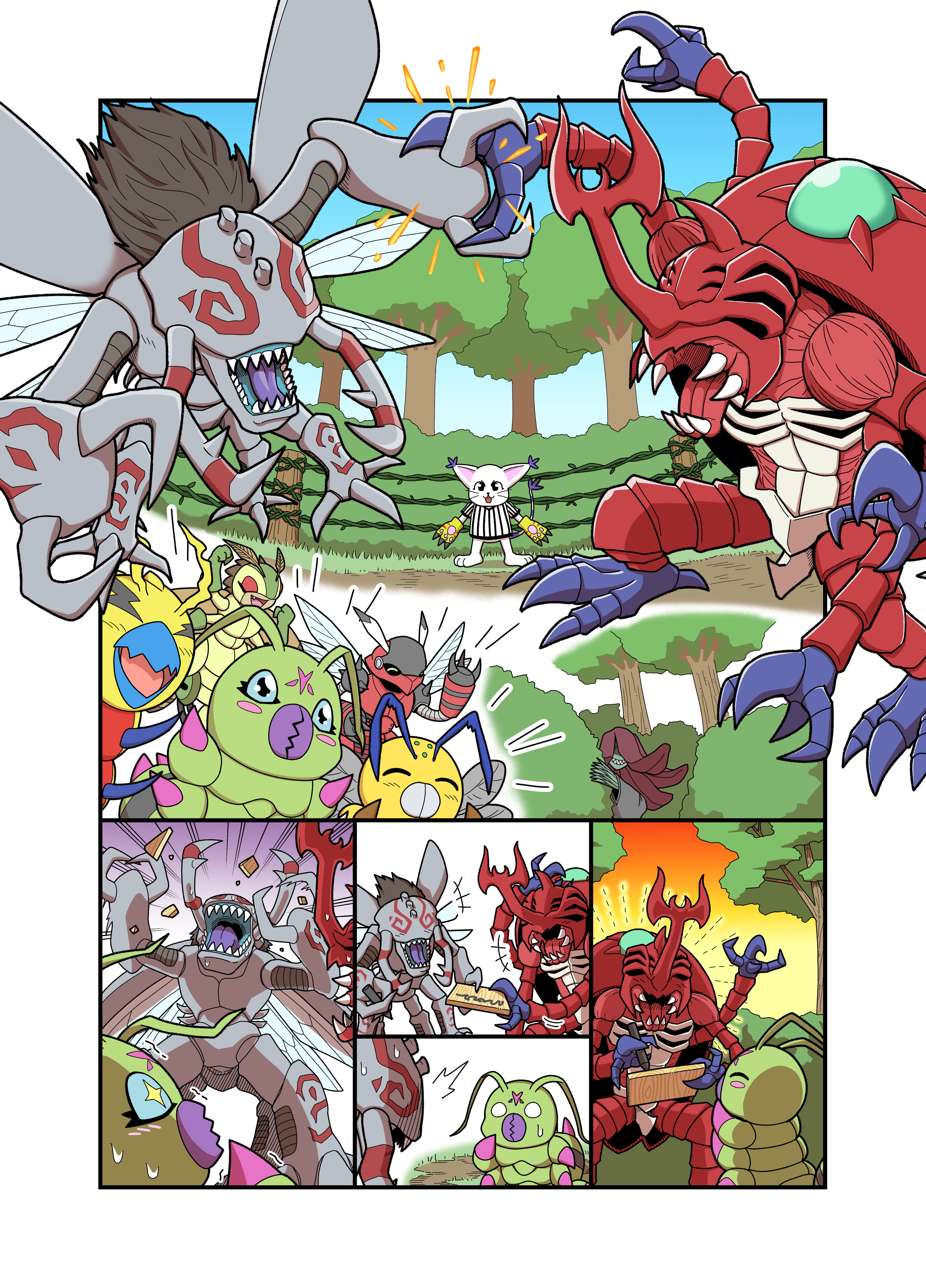 absurdres antennae atlurkabuterimon atlurkabuterimon_(red) blush bug digimon digimon_(creature) exoskeleton flybeemon funbeemon highres horns kunemon looking_at_another mothmon okuwamon oleamon rhinoceros_beetle sharp_teeth tailmon teeth wings wormmon