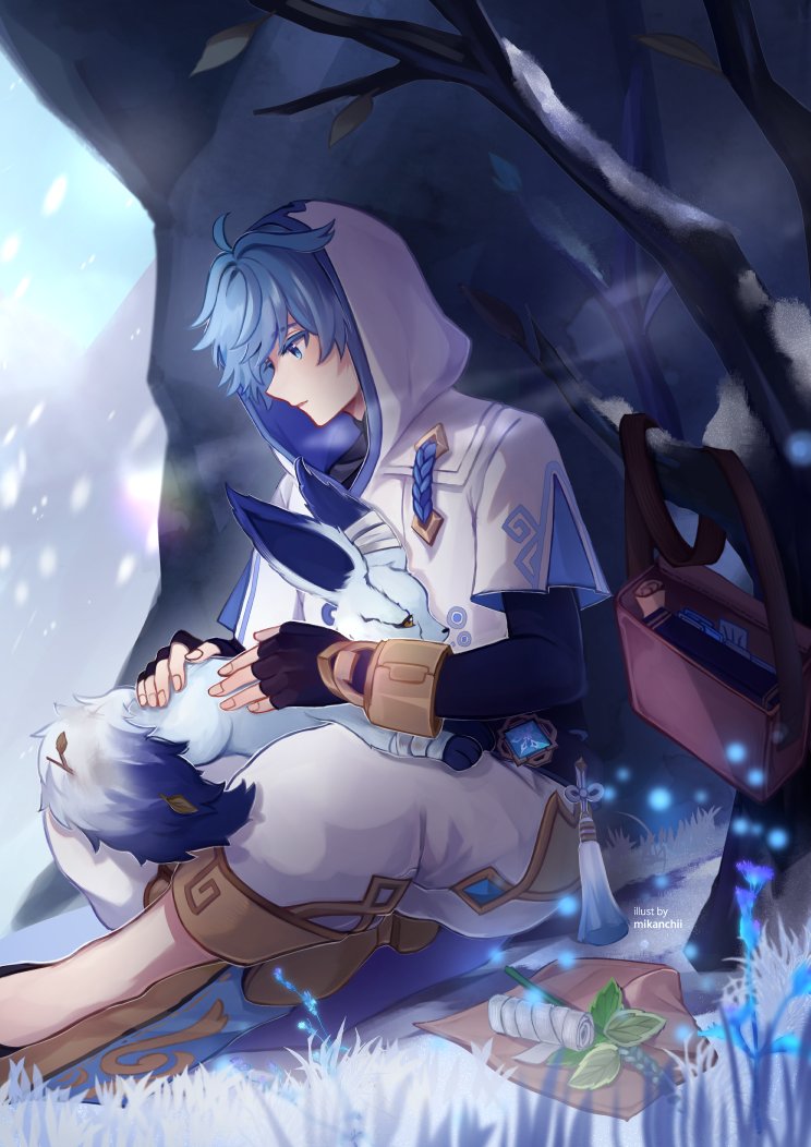 1boy ahoge artist_name bag bandaged_ear bandages black_gloves black_shoes blue_eyes blue_hair bracelet brown_bag cave chongyun_(genshin_impact) colored_eyelashes commentary day elbow_gloves english_commentary fingerless_gloves fox genshin_impact gloves gold_trim grass hair_between_eyes hair_intakes hood hood_up hoodie jewelry male_focus mikanchii on_ground open_mouth outdoors pants paper plant satchel shoes short_hair short_sleeves sitting snow snow_fox_(genshin_impact) snowing solo tassel tree vision_(genshin_impact) white_hoodie white_pants