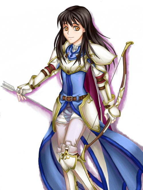 1girl armor arrow_(projectile) astrid_(fire_emblem) black_hair bow_(weapon) breastplate cape commentary_request fingerless_gloves fire_emblem fire_emblem:_radiant_dawn gloves holding holding_bow_(weapon) holding_weapon long_hair looking_at_viewer nintendo orange_eyes pauldrons purple_cape purutoppu_(toranohige) shoulder_armor smile solo weapon