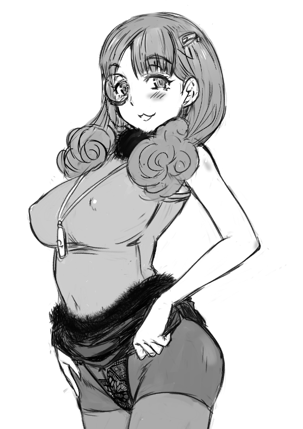 1girl aoki_hagane_no_arpeggio black_pantyhose blush breasts clothes_lift covered_erect_nipples dashigara_100 female_focus greyscale hyuuga_(aoki_hagane_no_arpeggio) large_breasts lingerie monochrome monocle open_mouth panties pantyhose simple_background skirt skirt_lift smile solo sweater underwear