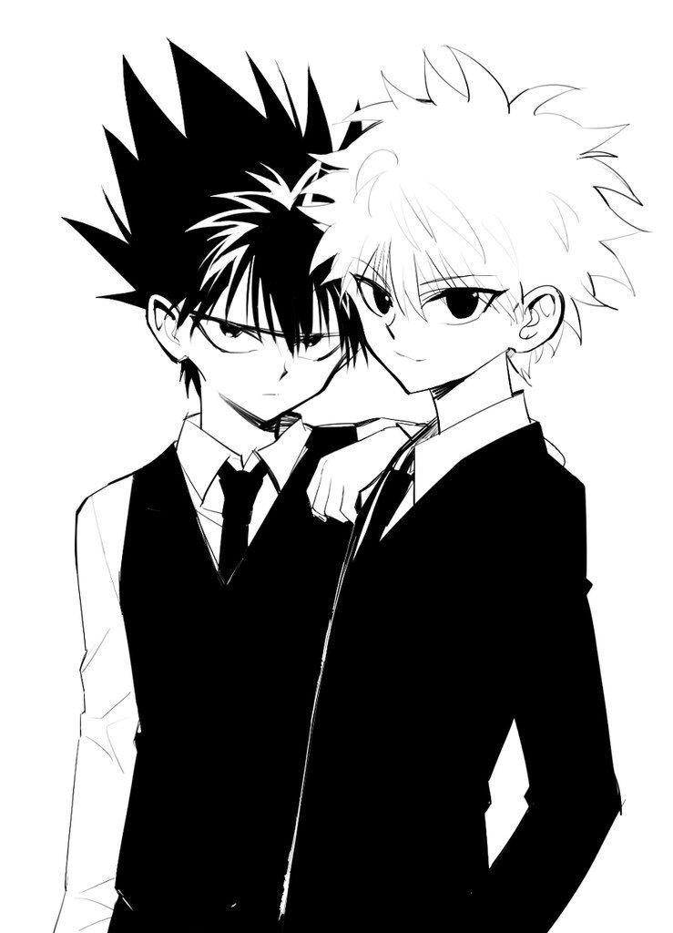13knight 2boys arm_on_another&#039;s_shoulder bad_id bad_pixiv_id black_hair black_necktie black_suit closed_mouth creator_connection formal_clothes headband hiei_(yu_yu_hakusho) hunter_x_hunter killua_zoldyck light_smile multiple_boys necktie shirt short_hair smile spiked_hair suit white_background white_hair white_shirt yuu_yuu_hakusho