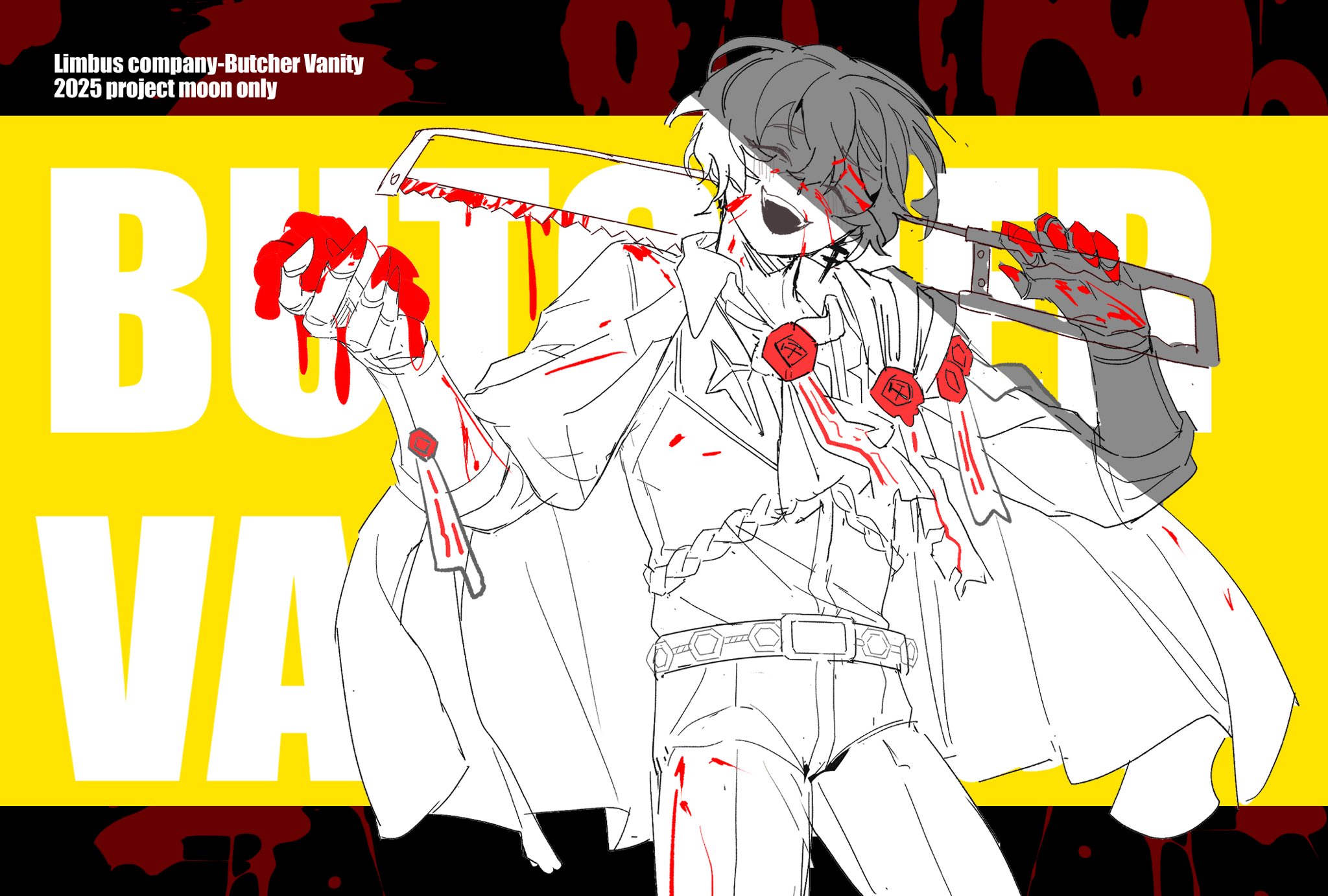 1boy armor ascot belt blood blood_on_hands bonesaw butcher_vanity_(synthesizer_v) gauntlets hands_up highres holding_saw limbus_company looking_at_viewer male_focus n_corp._fanatic_(identity)_(project_moon) open_mouth pants pauldrons project_moon red_eyes saw shoulder_armor sinclair_(project_moon) single_pauldron smile solo south_ac talisman wax_seal wide-eyed