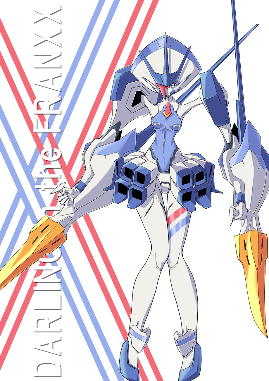 1girl android breasts darling_in_the_franxx delphinium_(darling_in_the_franxx) dual_wielding full_body green_eyes highres holding humanoid_robot mecha medium_breasts no_humans polearm robot robot_girl skirt solo weapon windy_(rpsa7872)