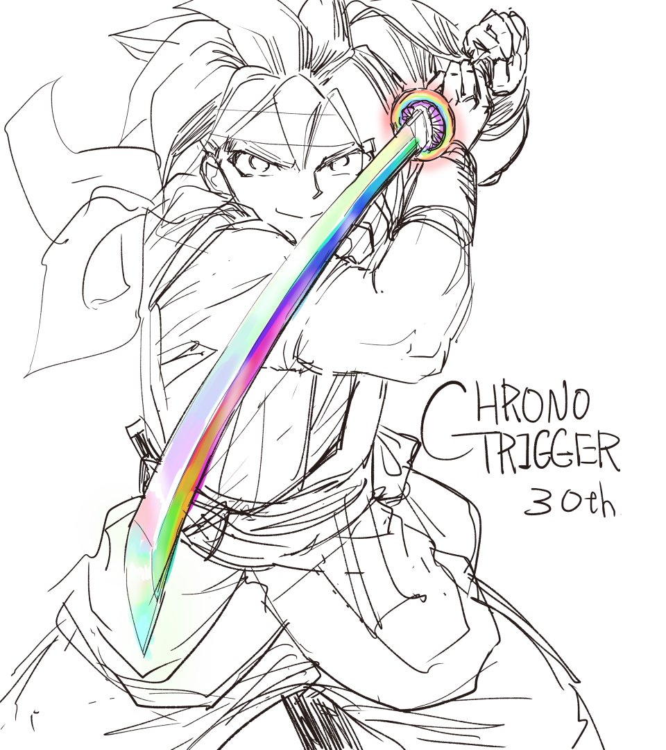 1boy chrono_trigger crono_(chrono_trigger) cropped_legs fighting_stance headband holding holding_sword holding_weapon katana looking_at_viewer s-a-murai simple_background sketch smile spiked_hair sword tunic weapon white_background