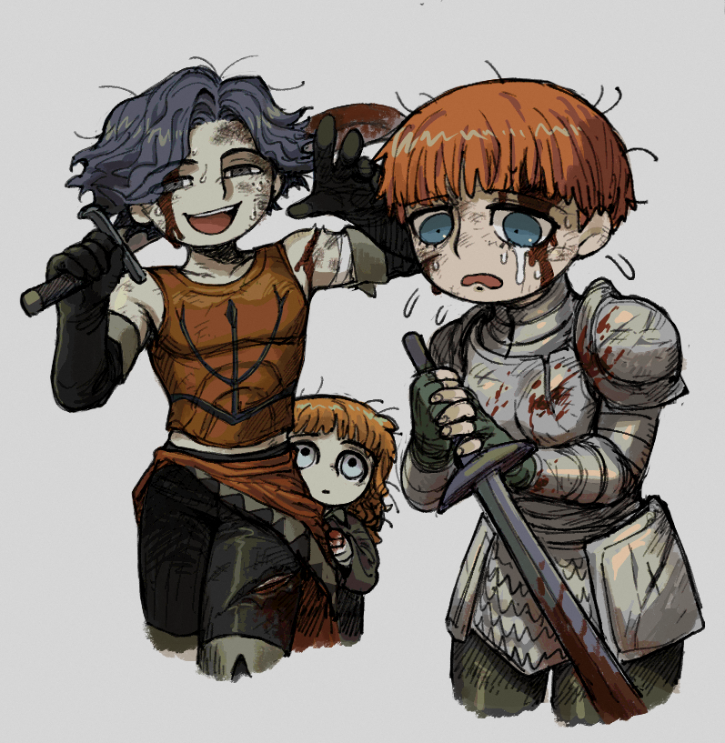 1boy 2girls armor bandaged_arm bandages behind_another black_gloves black_hair black_pants blood blood_on_armor blood_on_face bloody_weapon blue_eyes cahara_(fear_&amp;_hunger) child cropped_legs d&#039;arce_(fear_&amp;_hunger) dirty dirty_face elbow_gloves fear_&amp;_hunger_(series) fear_&amp;_hunger_1 fingerless_gloves flying_sweatdrops gloves green_gloves grey_background hashtag-only_commentary hiding hiding_behind_another holding holding_sword holding_weapon knight leather_armor looking_at_another medium_hair midriff_peek multiple_girls open_mouth orange_hair pants pauldrons reverse_grip short_hair shoulder_armor simple_background sleeveless sm2_hokke smile sword tears teeth the_girl_(fear_&amp;_hunger) two-handed upper_teeth_only weapon