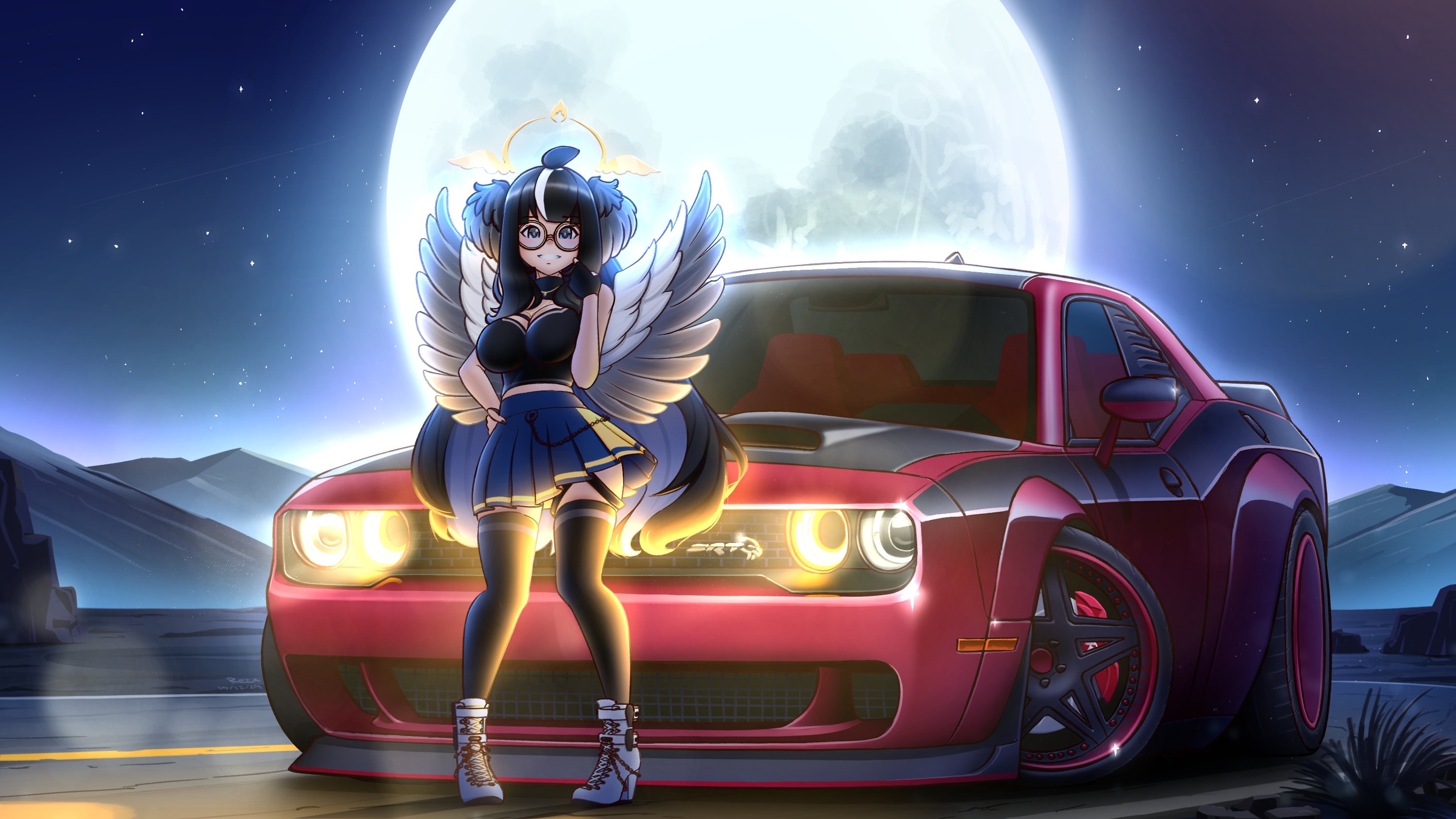 1girl black_gloves black_shirt blue_car blue_skirt breasts car cleavage colored_inner_hair commentary commission dodge_(company) dodge_challenger dodge_challenger_(3rd_generation) english_commentary fingerless_gloves full_moon glasses glint gloves glowing halo hand_on_own_hip highres indie_virtual_youtuber lens_flare long_hair medium_breasts moon motor_vehicle multicolored_hair muscle_car night night_sky onlyarandomuser platform_shoes pleated_skirt red_car round_eyewear shadow shirt shoes single_glove skirt sky smile solo star_(symbol) starza_(vtuber) streaked_hair vehicle_focus very_long_hair virtual_youtuber white_hair white_shoes wings