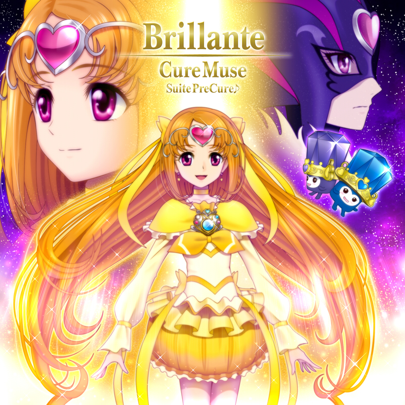 10s 1girl bow brooch bubble_skirt character_name choker circlet copyright_name cure_muse cure_muse_(black) cure_muse_(yellow) dodory dual_persona hair_ribbon heart jewelry long_hair magical_girl mask miniskirt multiple_persona musical_note orange_hair precure purple_eyes ribbon sekken_kasu_barrier shirabe_ako skirt sparkle spoilers suite_precure tiry twintails yellow_bow yellow_skirt
