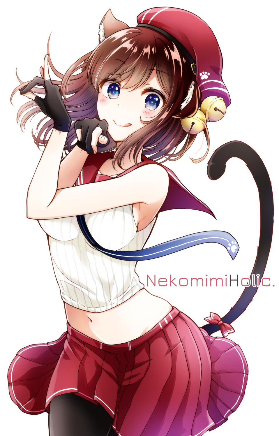 1girl :p animal_ears banjou_azusa bell black_tail blue_eyes bow brown_hair cat_ears cat_girl cat_paw cat_tail english_text gloves hat highres jingle_bell looking_at_viewer navel neckerchief original pantyhose partially_fingerless_gloves pleated_skirt red_hat red_neckerchief red_skirt ribbed_shirt sailor_collar school_uniform serafuku shirt short_hair simple_background skirt sleeveless smile solo tail tail_bow tail_ornament tongue tongue_out white_background