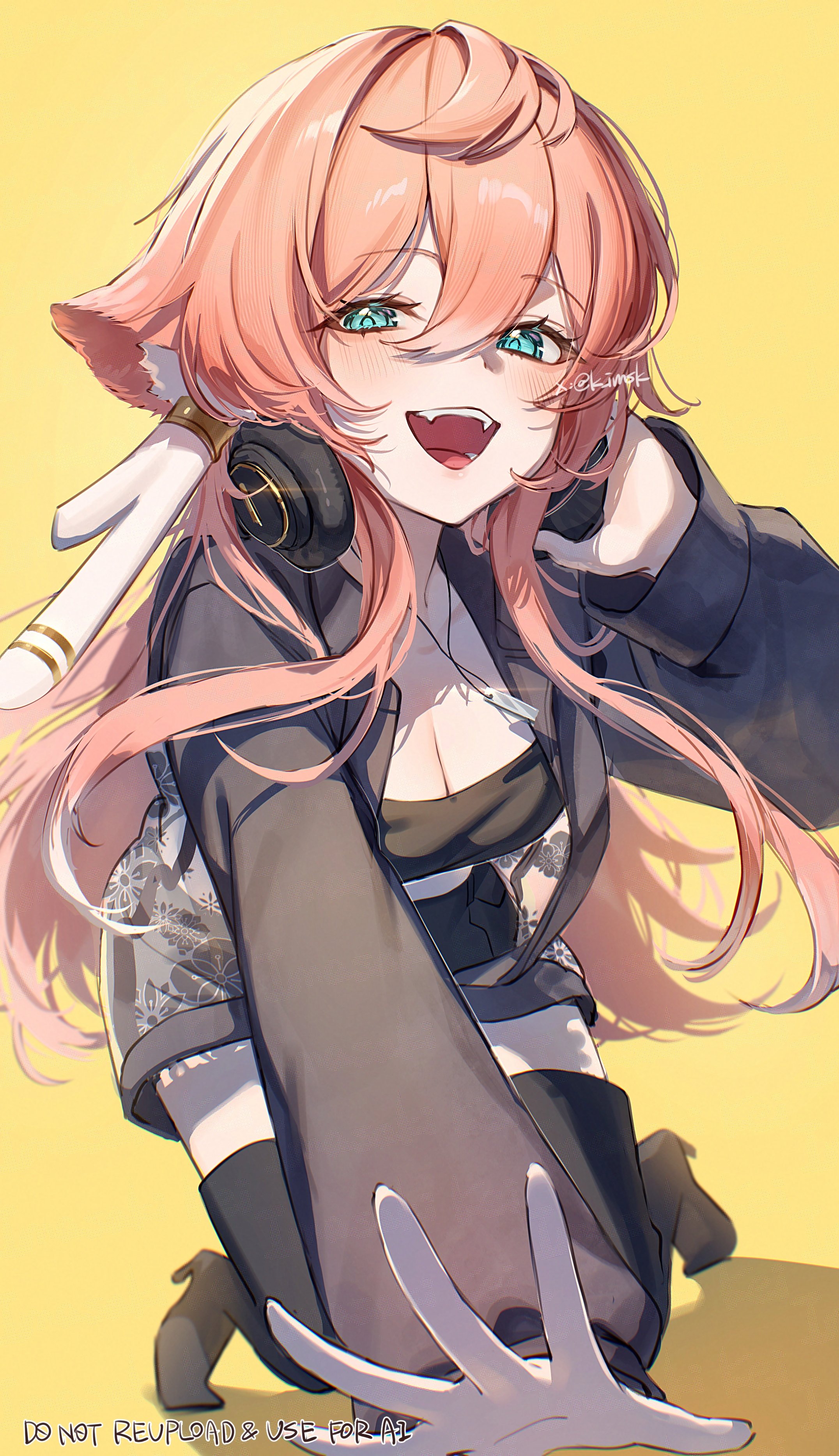 1girl absurdres alternate_costume antlers aqua_eyes black_boots boots breasts cleavage deer_antlers fangs floral_print genshin_impact hair_between_eyes headphones high_heel_boots high_heels highres horns imasaki_kei jewelry long_hair long_sleeves looking_at_viewer necklace open_mouth pink_eyes simple_background smile solo teeth thigh_boots twitter_username upper_teeth_only yanfei_(genshin_impact) yellow_eyes
