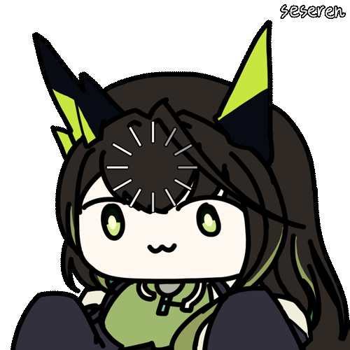 1girl :3 animated animated_gif arknights artist_name black_hair chibi dress green_dress green_eyes loading_icon long_hair looking_at_viewer lowres mon3tr_(arknights) seseren simple_background sleeves_past_fingers sleeves_past_wrists solo transparent_background