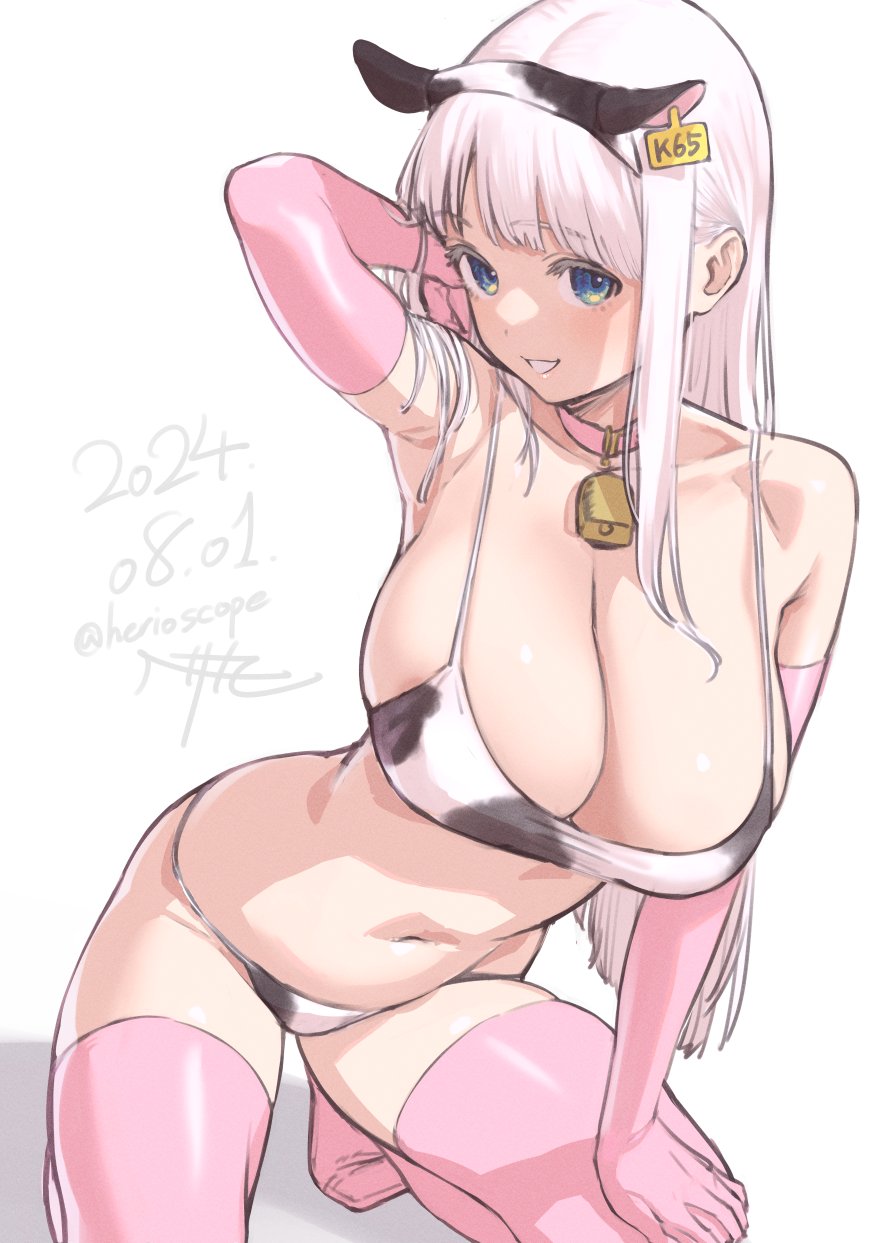 1girl animal_ears animal_print armpits bell bikini blue_eyes breasts cleavage collar collarbone cow_print cow_print_bikini elbow_gloves fake_animal_ears gloves grin hand_on_own_thigh herio highres kneeling large_breasts long_hair navel neck_bell original pink_collar pink_gloves pink_thighhighs print_bikini sidelocks smile solo swimsuit thighhighs white_hair