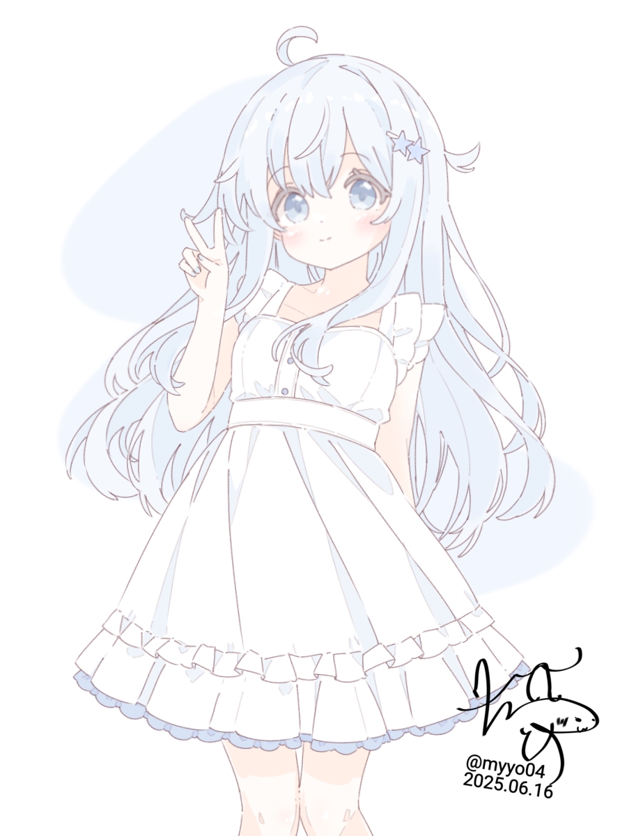 1girl ahoge alternate_costume arm_behind_back arm_up blue_eyes blue_hair chame_(myyo04) closed_mouth cowboy_shot dot_nose dress frilled_dress frills hair_ornament hibiki_(kancolle) highres kantai_collection light_smile long_hair sidelocks solo star_(symbol) star_hair_ornament sundress v white_dress