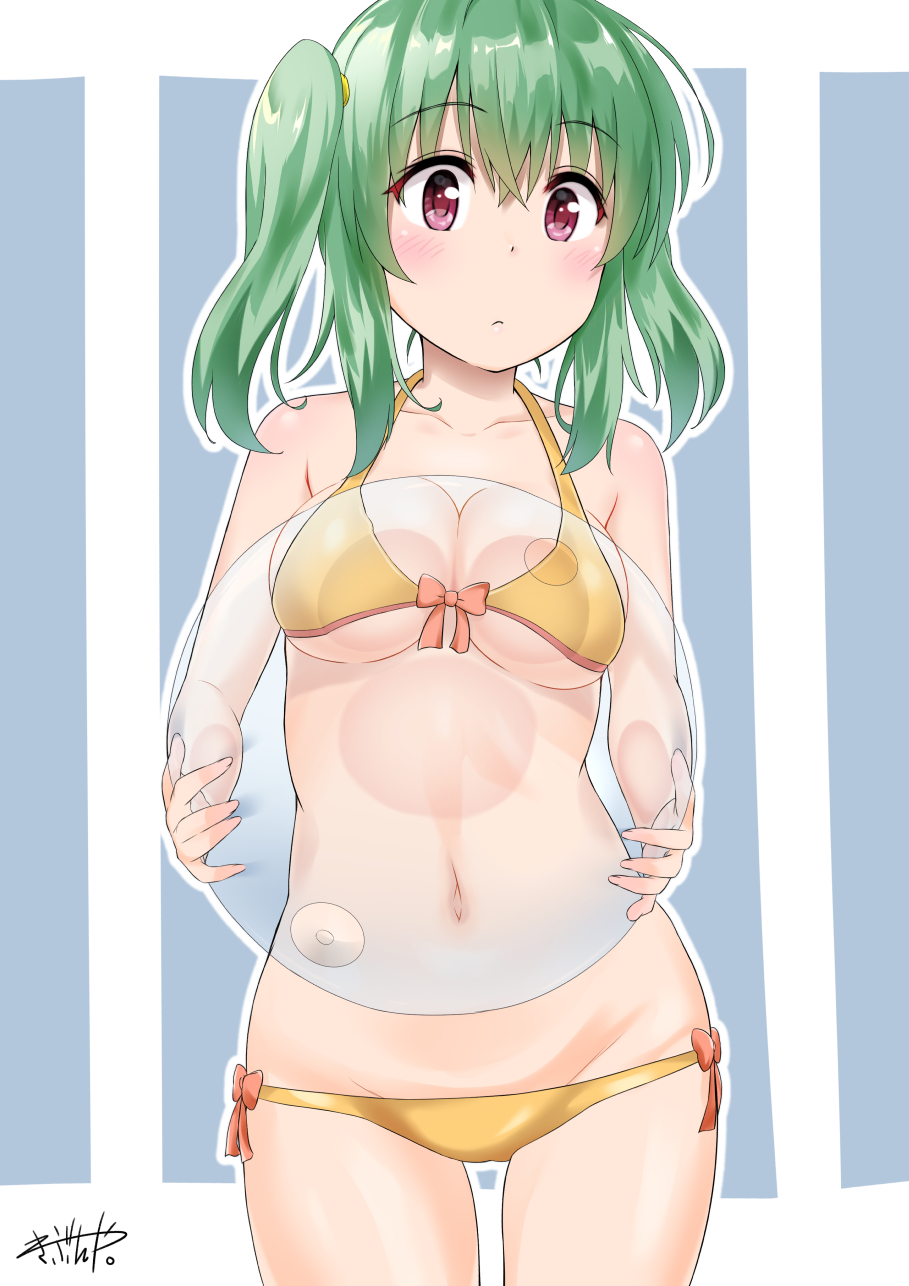 1girl ball beachball bikini blush border bow bow_bikini breasts breasts_squeezed_together cleavage closed_mouth collarbone commentary_request cowboy_shot green_hair grey_background halterneck highres holding holding_ball holding_beachball looking_at_viewer medium_breasts medium_hair murio navel orange_bow red_eyes run_elsie_jewelria sanpaku sidelocks signature simple_background solo swimsuit to_love-ru twintails white_border yellow_bikini