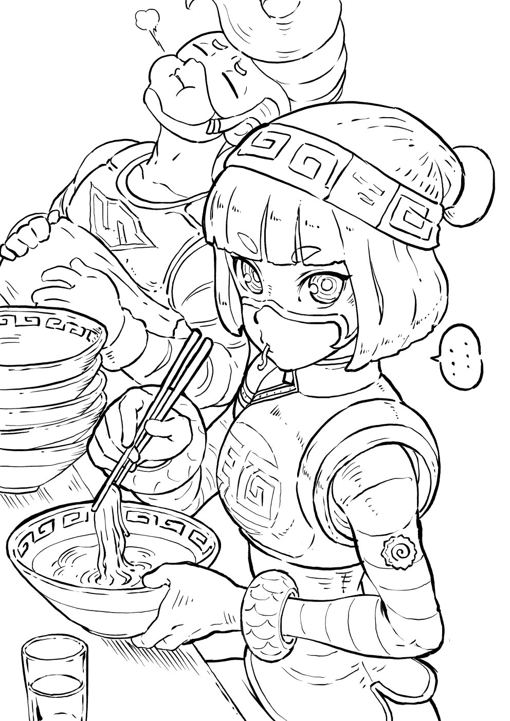 1boy 1girl arms_(game) beanie bob_cut bowl chopsticks domino_mask eating food hat highres holding holding_bowl looking_at_viewer mask min_min_(arms) monochrome noodles ramen short_hair sjw_kazuya sketch spring_man_(arms)