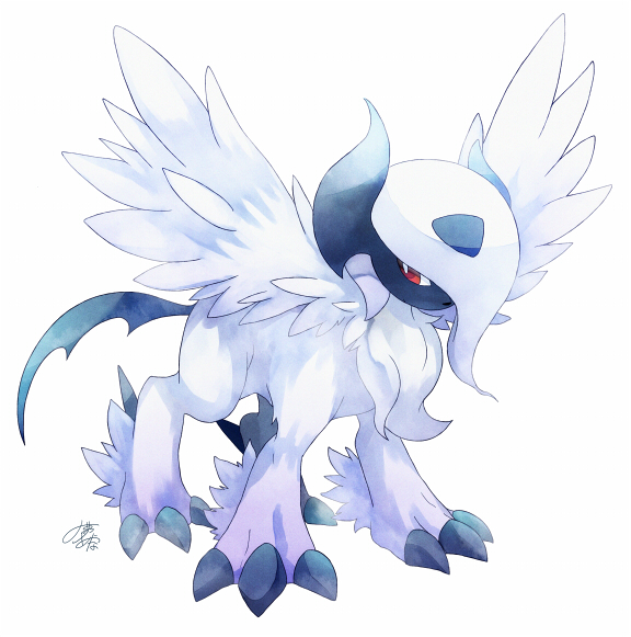 absol animal_focus bright_pupils claws commentary_request feathered_wings gen_3_pokemon inari_ina_(ayn0304) looking_back mega_absol mega_pokemon nintendo no_humans pokemon pokemon_(creature) red_eyes solo standing white_hair white_pupils wings
