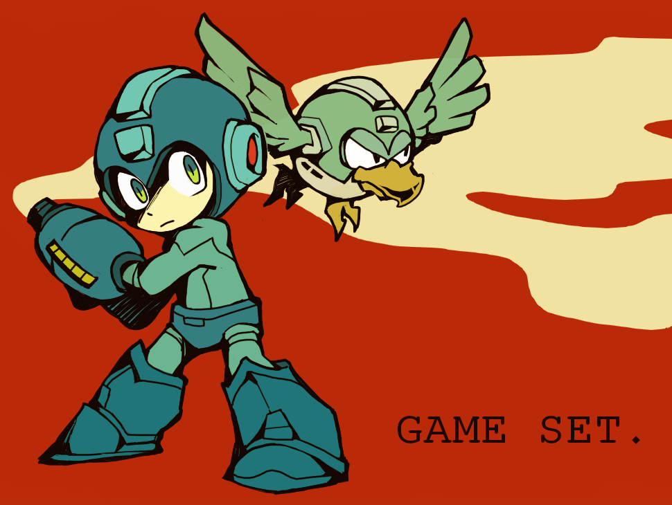 1boy android arm_cannon armored_boots beat_(mega_man) blue_footwear boots character_request closed_mouth commentary_request english_text full_body green_eyes hand_on_own_arm helmet knee_boots light_frown looking_at_viewer male_focus robot_bird mega_man_(character) mega_man_(classic) mega_man_(series) mega_man_5 red_background robot_animal robot_bird shaded_face simple_background smoke teijiro weapon