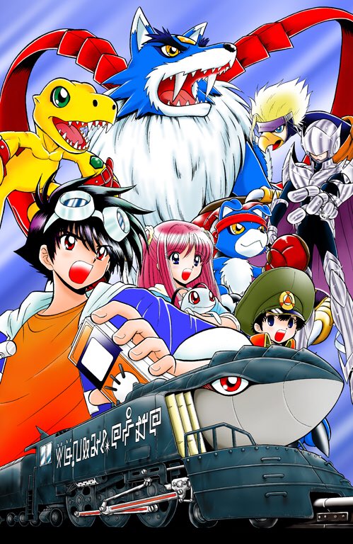 agumon_(digimon_savers) digimoji digimon digimon_(creature) digimon_next gaogamon gaomon goggles goggles_on_head inui_yuu kahara_shou kitajima_ami official_art peckmon pitchmon red_eyes tatsuno_tsurugi trailmon