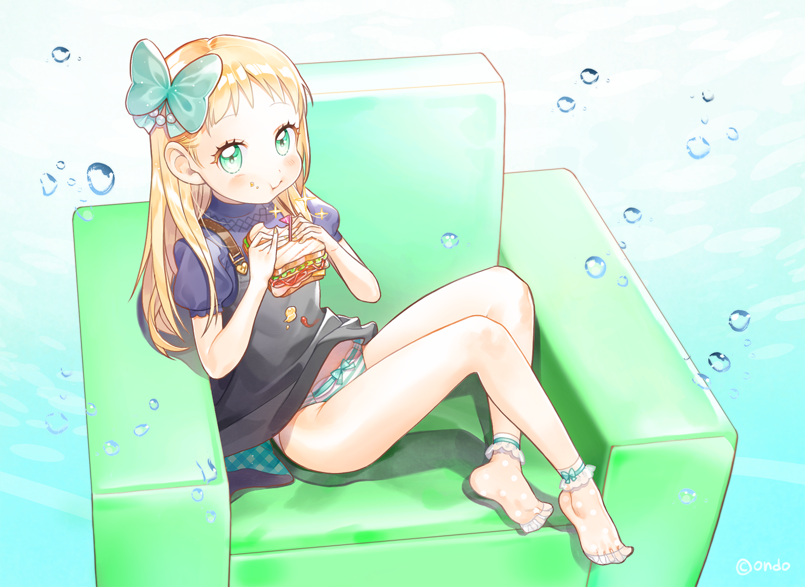 1girl blonde_hair blush bow bubble couch dress eating feet female_focus food gradient_background green_eyes green_upholstery hair_bow highres legs lining long_hair ondo_(shinm02) original panties puffy_sleeves sandwich see-through_clothes short_sleeves sitting socks soles solo sparkle spread_toes striped_clothes striped_panties toes underwear