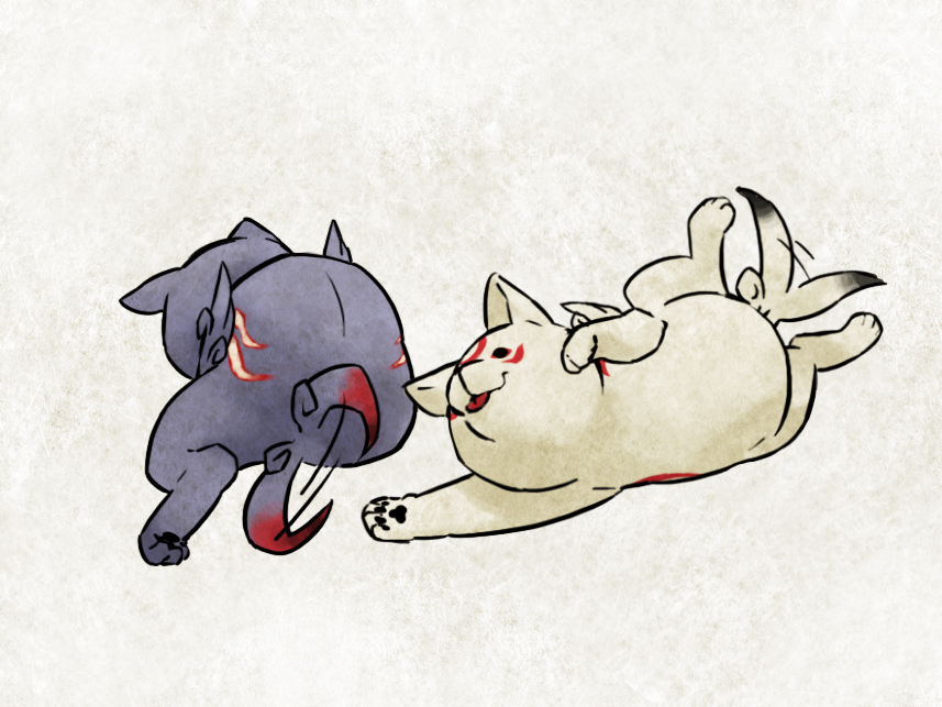 animal_focus chibi chibiterasu dark_chibiterasu dark_persona dog mojaranmo no_humans ookami_(game) ookamiden spoilers tail tail_wagging