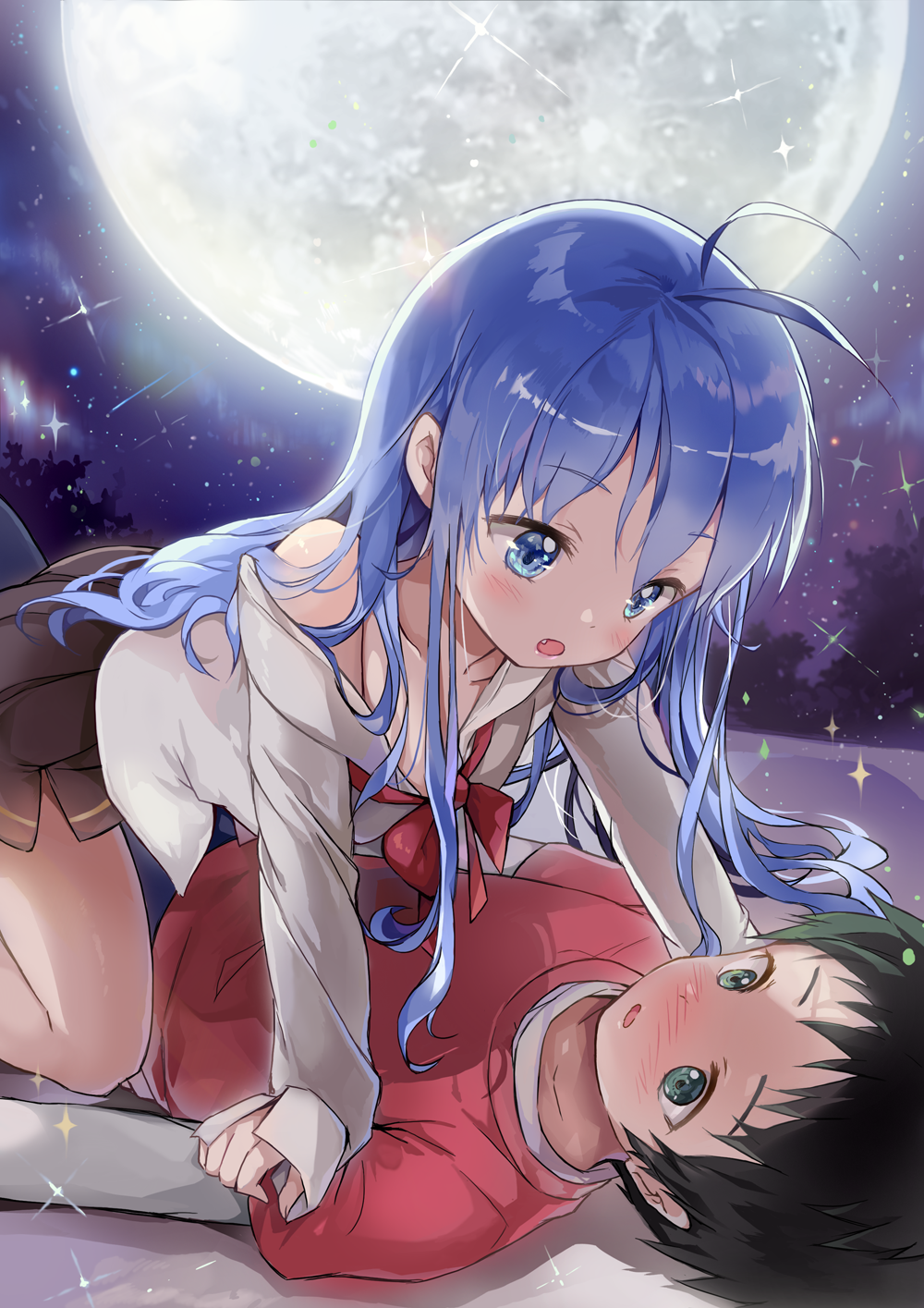 1boy 1girl antenna_hair bare_shoulders black_hair blue_eyes blue_hair blush cousins denpa_onna_to_seishun_otoko full_moon girl_on_top grey_eyes hair_between_eyes hair_spread_out highres long_hair looking_at_another lying moon necktie night niwa_makoto on_back open_mouth pleated_skirt red_necktie red_shirt saya_(mychristian2) shirt skirt star_(sky) touwa_erio white_shirt