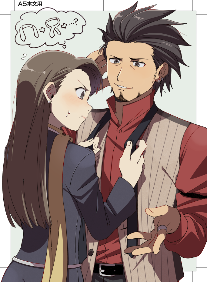 1boy 1girl ace_attorney adjusting_another&#039;s_clothes beard belt black_belt black_hair black_jacket blush brown_eyes brown_hair closed_mouth diego_armando earrings facial_hair holding jacket jewelry long_hair long_sleeves looking_at_another mia_fey mole mole_under_mouth phoenix_wright:_ace_attorney_-_trials_and_tribulations pinstripe_pattern pinstripe_vest red_shirt ring scarf shirt short_hair smile speech_bubble standing striped sweatdrop thought_bubble vest wahootarou yellow_scarf