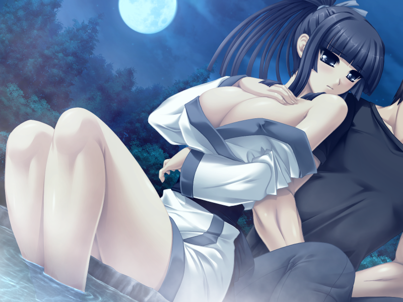 1boy 1girl bath_robe black_hair blush breasts game_cg hisame_sayaka large_breasts minna_daisuki_kozukuri_banchou mixed-sex_bathing moon night onsen outdoors purple_eyes robe shared_bathing wet