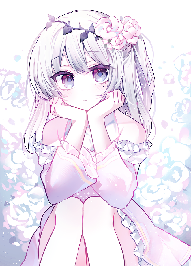 1girl bare_shoulders blush character_request closed_mouth collarbone commentary_request detached_sleeves dress feet_out_of_frame floral_background frilled_dress frilled_sleeves frills g_ieep grey_eyes grey_hair hair_between_eyes knees_up layered_sleeves long_hair long_sleeves looking_at_viewer maplestory mole mole_under_eye multicolored_hair pink_dress puffy_short_sleeves puffy_sleeves short_over_long_sleeves short_sleeves solo two-tone_hair white_background white_hair white_sleeves