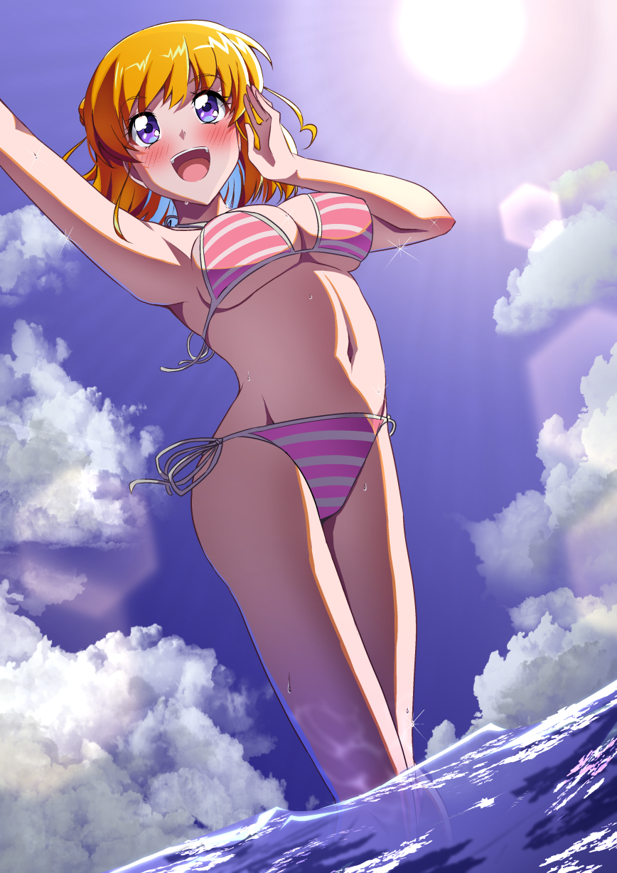 1girl arm_up armpits asahina_mirai bikini blonde_hair blush breasts cloud commentary_request highres mahou_girls_precure! mahou_girls_precure!!_mirai_days medium_breasts medium_hair momoisaki42 navel ocean open_mouth pink_bikini precure purple_eyes sky smile solo striped_bikini striped_clothes sun swimsuit