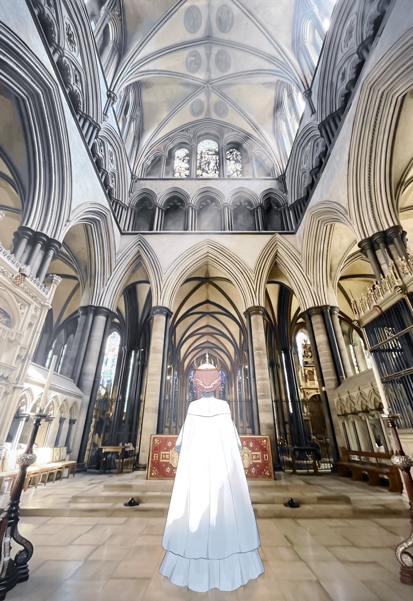 1girl architecture back braid cape cathedral cnoc_na_riabh_(fate) crown european_architecture fate/grand_order fate_(series) from_behind full_body gothic_architecture highres indoors medb_(fate) ninjin_(ne_f_g_o) photo_background pink_hair salisbury_cathedral solo standing updo vaulted_ceiling white_cape