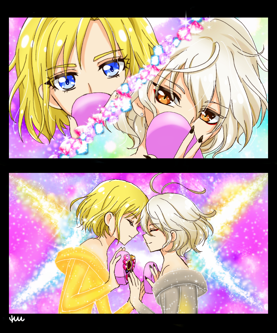 10s 2boys antenna_hair bad_id bad_pixiv_id bicine_(precure) blonde_hair blue_eyes bob_cut earrings fingernails henshin holding_hands hugtto!_precure jewelry long_fingernails male_focus multiple_boys parody pearl_earrings precure reira_(reomimi0211) wakamiya_henri