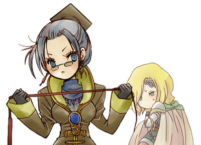 1990s_(style) blonde_hair blue_eyes blue_hair cape coat couple earrings edward_chris_von_muir final_fantasy final_fantasy_iv final_fantasy_iv:_the_after_years glasses gloves harley_(ff4) hat jewelry lowres nightingale_(artist) retro_artstyle short_hair trench_coat whip