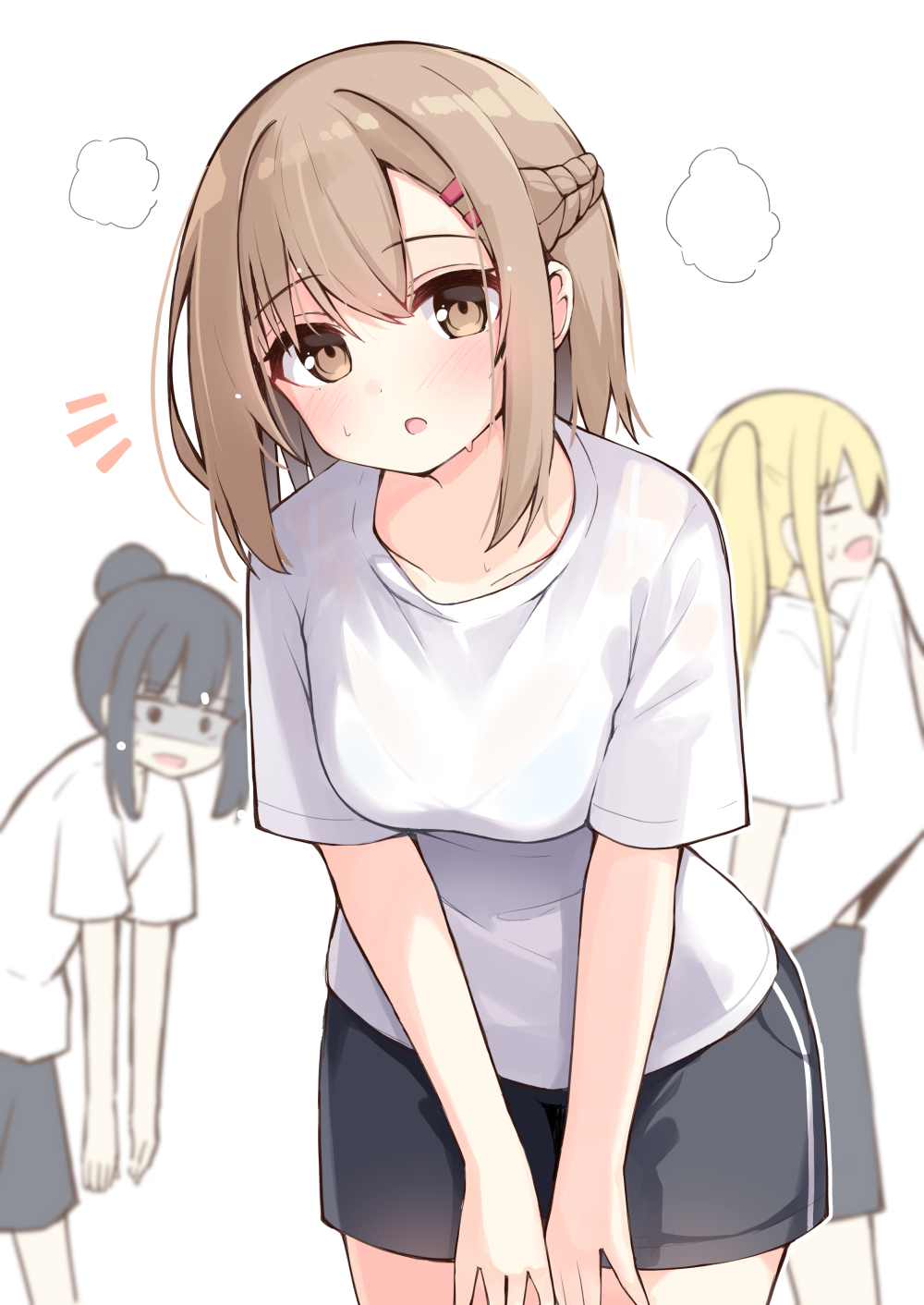 3girls black_hair black_shorts blonde_hair blush braid breasts brown_eyes brown_hair childhood_friend_(ominaeshi) closed_eyes commentary_request gym_shirt gym_shorts gym_uniform hair_between_eyes hair_bun hair_ornament hairclip highres leaning_forward looking_at_viewer medium_breasts multiple_girls ominaeshi_(takenoko) original shaded_face shirt short_sleeves shorts sidelocks simple_background standing sweat twintails white_background white_shirt