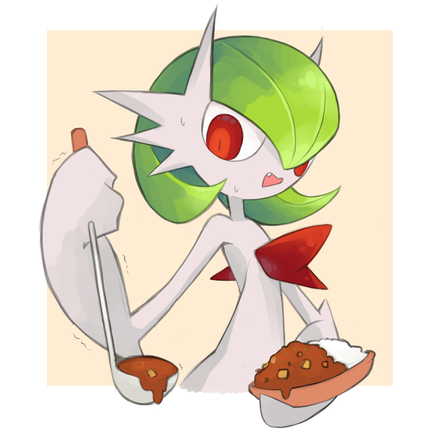 bob_cut colored_skin dmt_(auburn) dress fang food gardevoir gen_3_pokemon green_hair hair_over_one_eye holding holding_plate ladle mega_gardevoir mega_pokemon nintendo open_mouth plate pokemon pokemon_(creature) red_eyes simple_background sweatdrop white_dress white_skin
