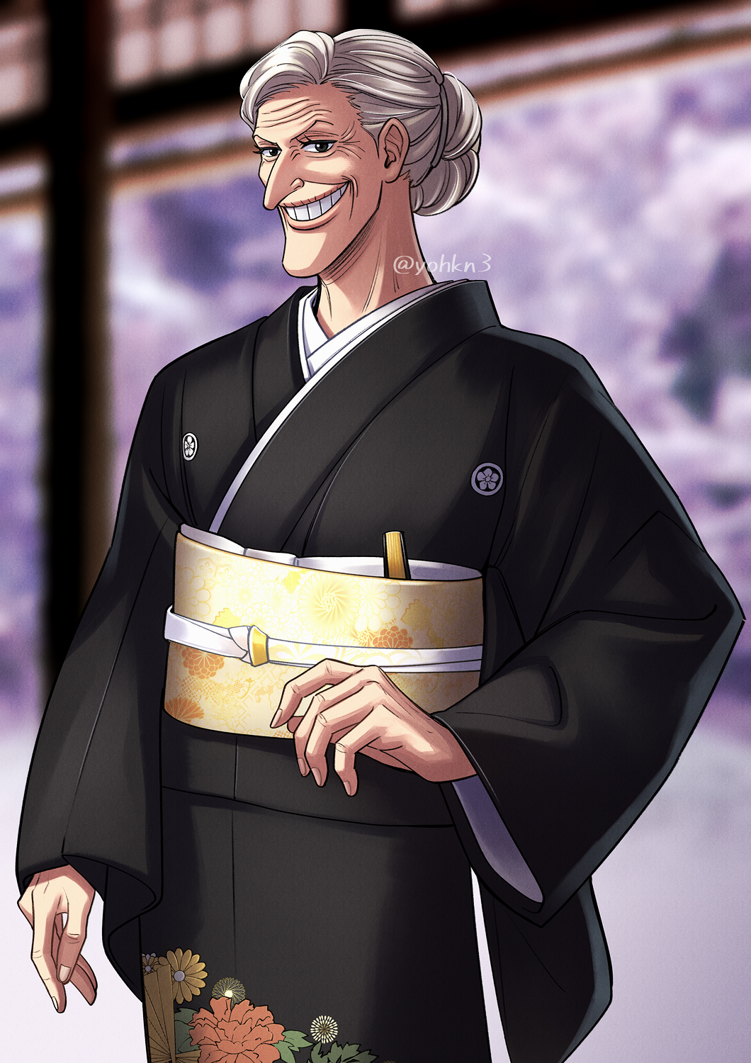 1girl big_nose black_kimono blurry blurry_background depth_of_field dr._kureha english_text grey_hair grin highres japanese_clothes kimono looking_at_viewer old old_woman one_piece smile teeth youkan_(tako)
