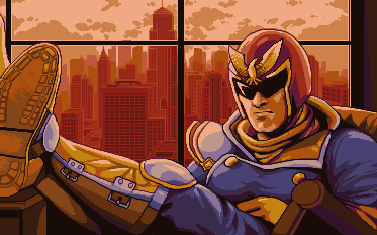 1boy building captain_falcon chair cityscape cmmrc2 dusk f-zero gloves helmet leaning_back male_focus nintendo parody pc-98_(style) pc98 pixel_art policenauts scarf scowl sitting skyscraper solo style_parody visor window