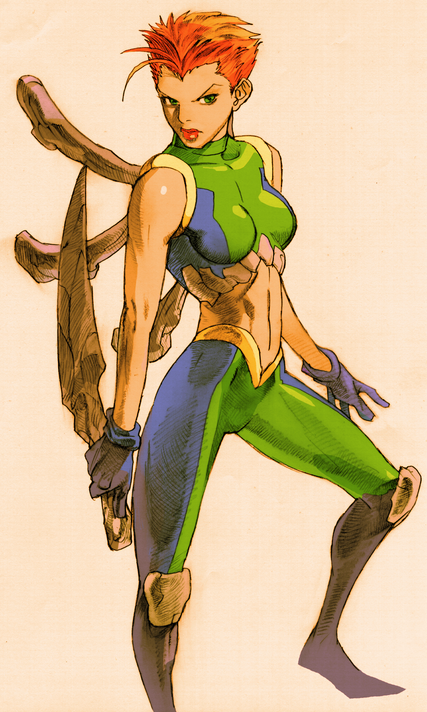 1girl 2000 bare_shoulders bengus bone bone_weapon capcom game_cg gloves green_eyes highres holding holding_weapon marrow_(x-men) marvel marvel_vs._capcom marvel_vs._capcom_2 midriff non-web_source red_hair scan short_hair simple_background solo weapon x-men
